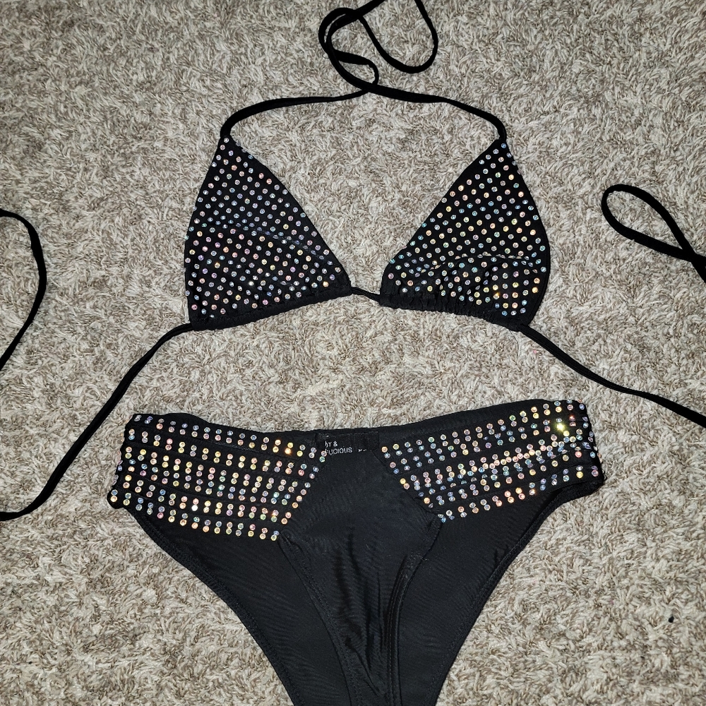 Sexy black rhinestone bikini bathing suit NEW